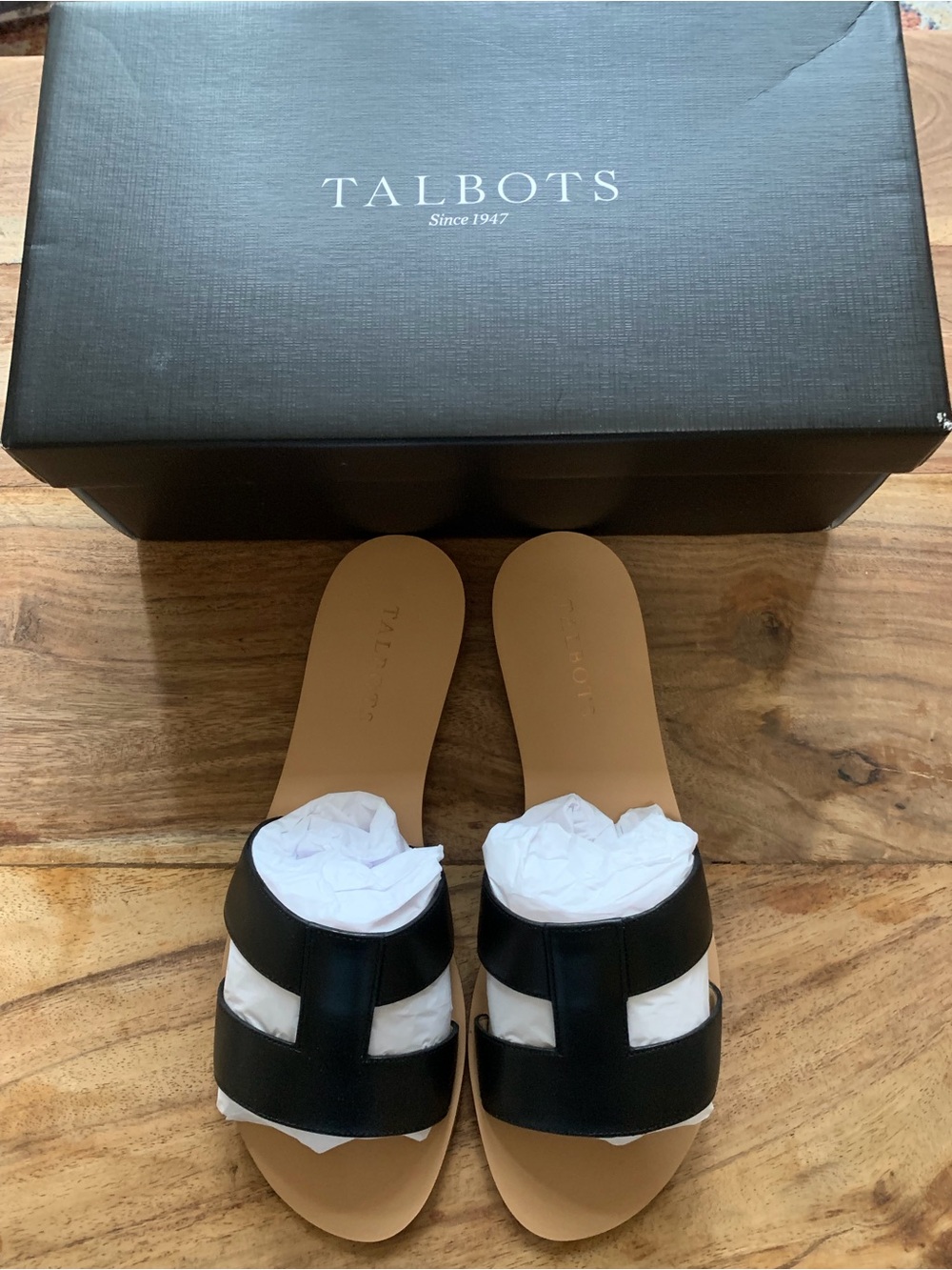 Talbots Black Leather Slide Sandals with Tan Footbed